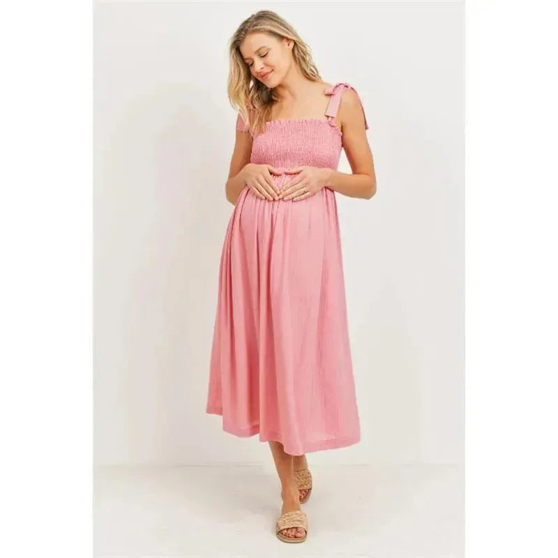Hello Miz - Smocked Tie Strap Maternity Midi Dress