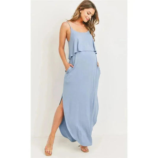 Hello Miz - Solid Maternity Nursing Maxi Dress, Chambray