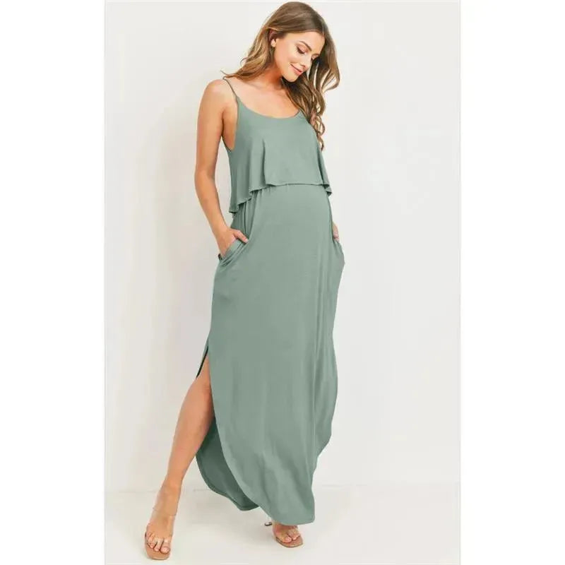 Hello Miz - Solid Maternity Nursing Maxi Dress, Sage