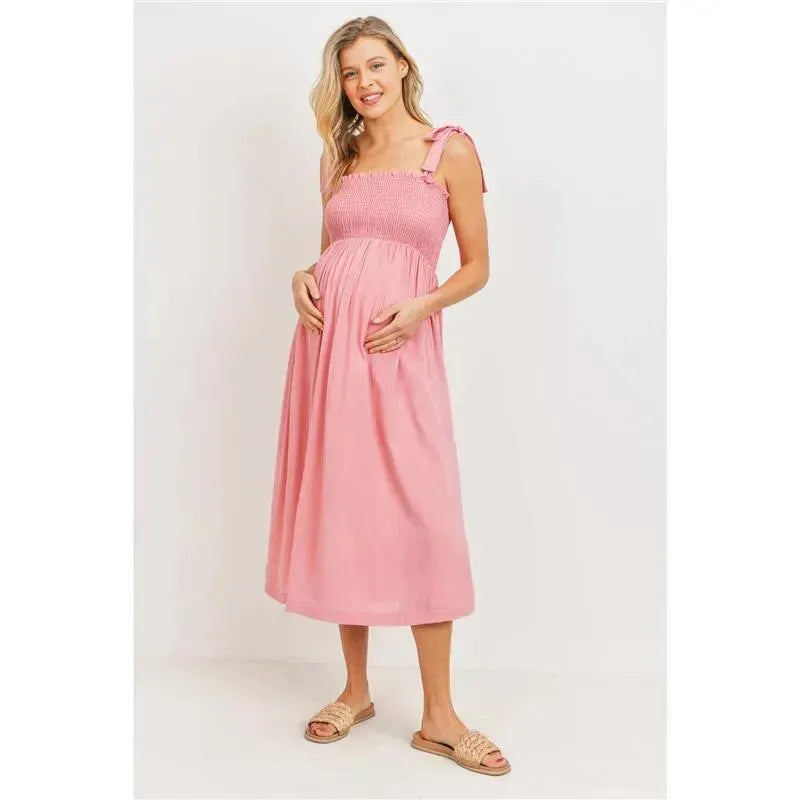 Hello Miz - Tie Shoulder Sleeveless Smocking Maternity Dress, Pink