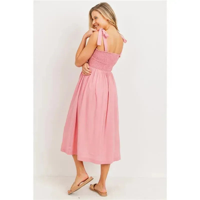 Hello Miz - Tie Shoulder Sleeveless Smocking Maternity Dress, Pink