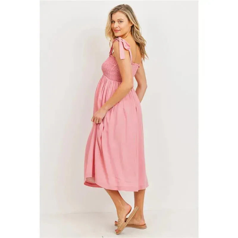 Hello Miz - Tie Shoulder Sleeveless Smocking Maternity Dress, Pink