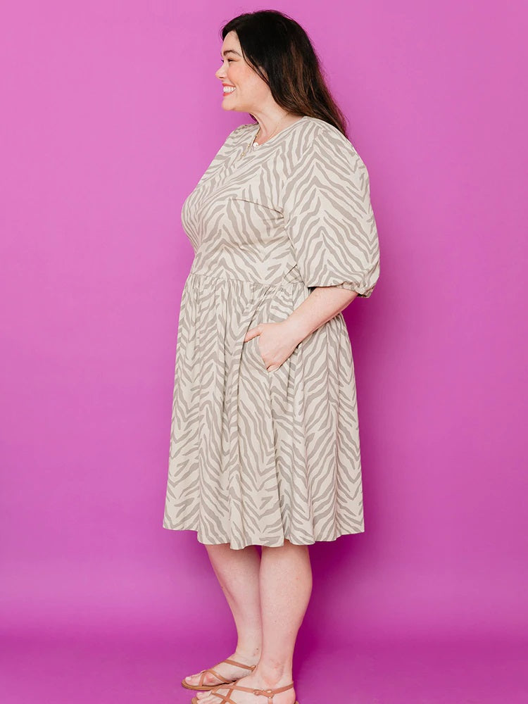 Inez Savanna Stripe Bubble Sleeve Dress