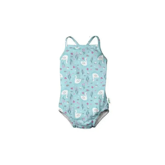 Iplay - Baby Girl Classic Swimsuit with Built-in Reusable Absorbent Swim Diaper, Light Aqua Swan