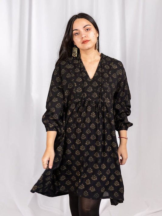 Mata Traders Sohla Mini Dress Floral Stamp Black Dresses Mata Traders