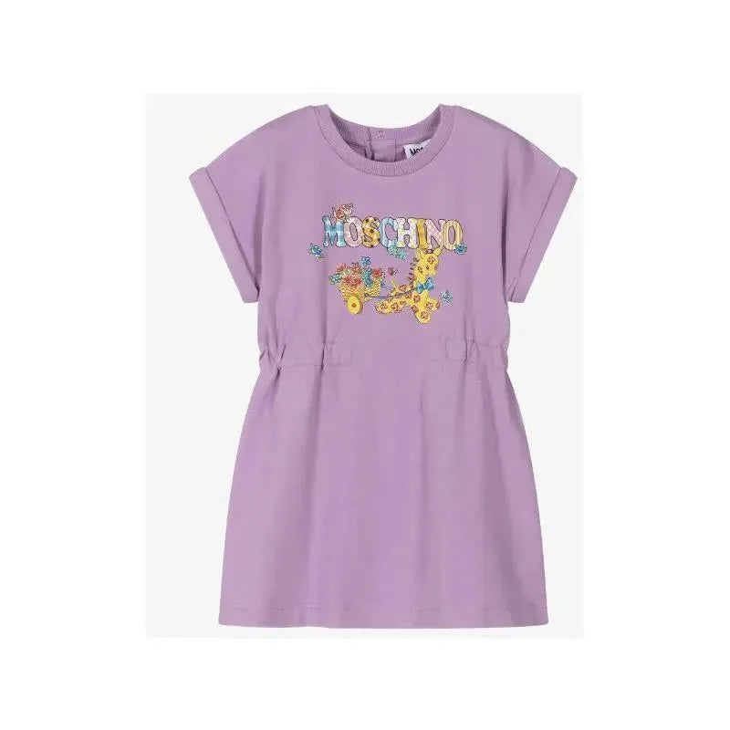 Moschino Baby - Girl Short Sleeve Dress With Giraffe And Logo Graphic, Lilac