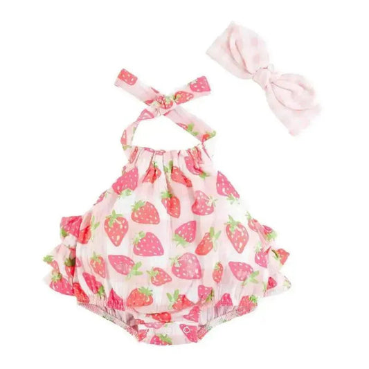 Mud Pie - Baby Girl Strawberry Sunsuit & Headband Set, 0/3M
