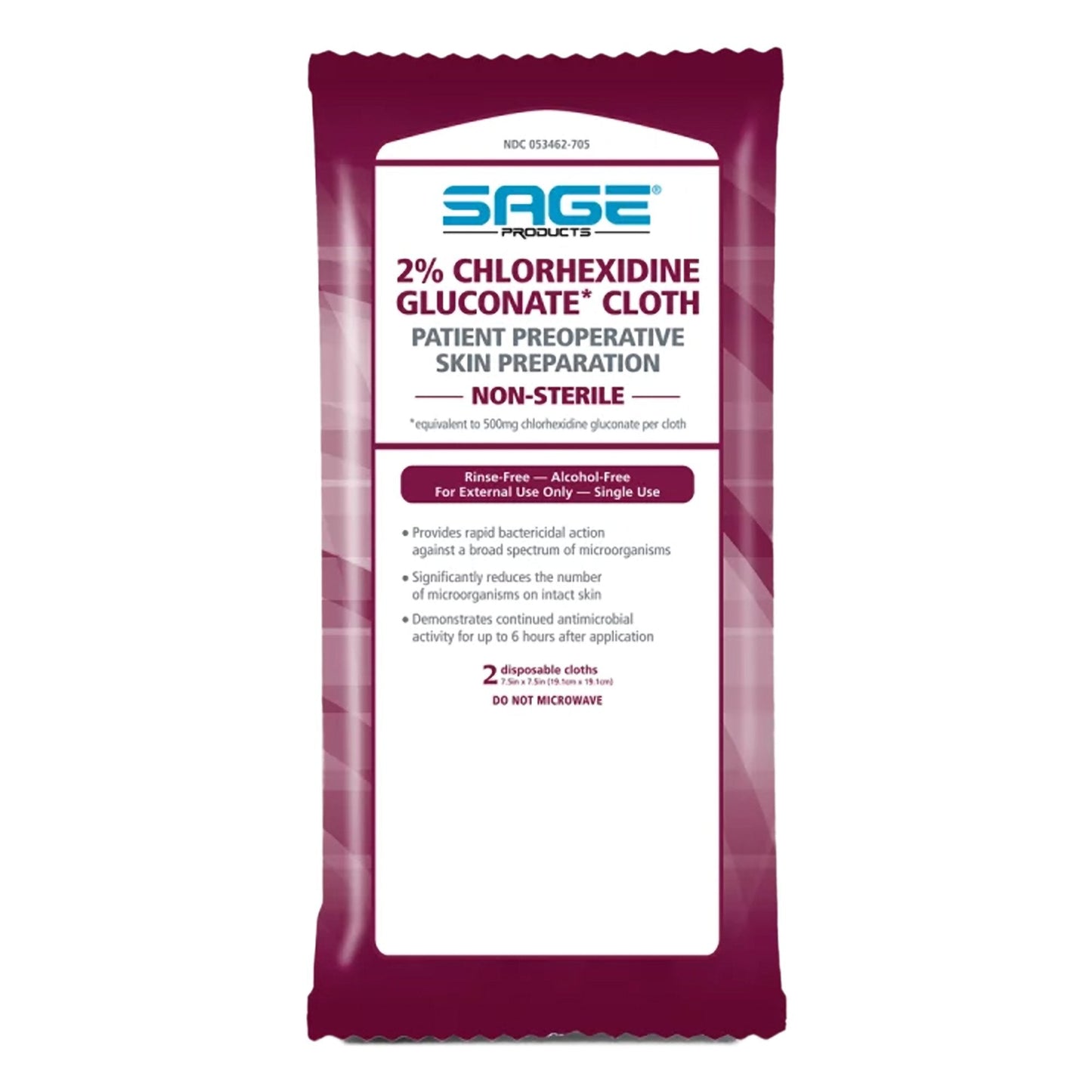Skin Prep Wipe Sage® 6 per Pack Soft Pack 2% Strength CHG (Chlorhexidine Gluconate) NonSterile