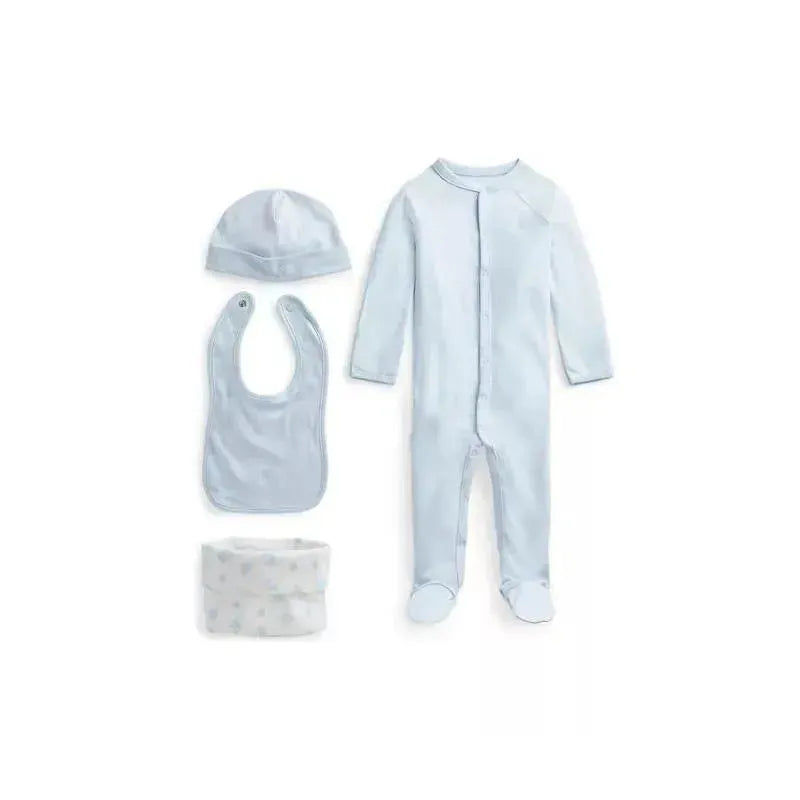 Polo Ralph Lauren Baby - 4Pk Long-Sleeve Interlock Coverall, Bib, Beanie & Print Knit Caddy, Quartz Heather