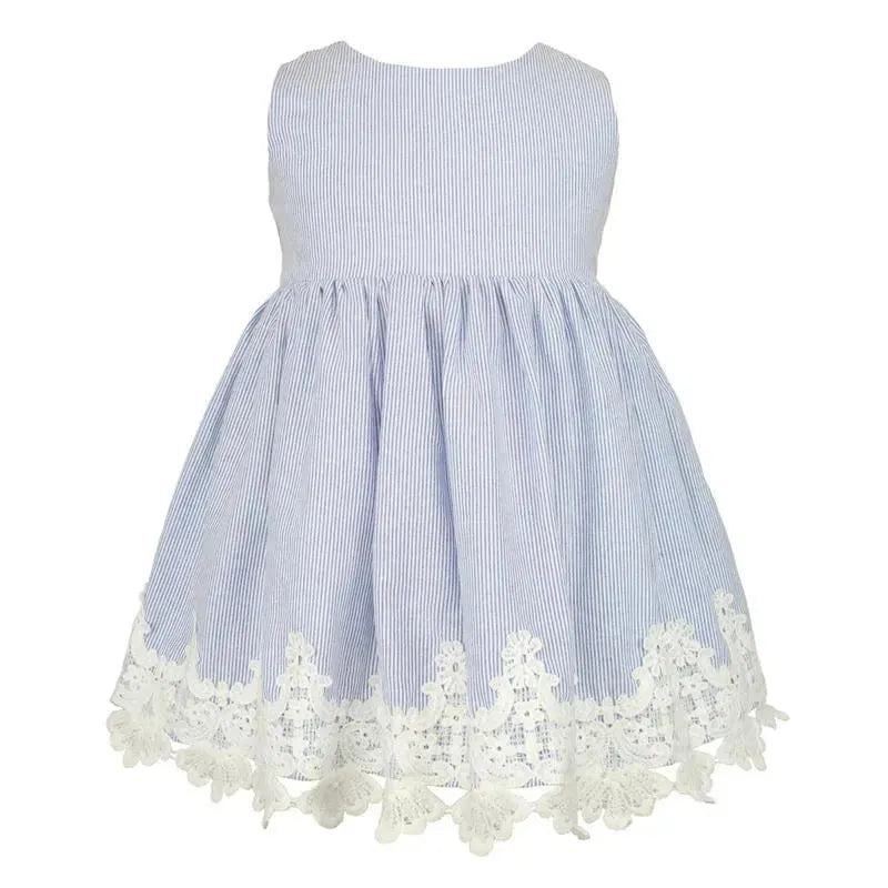 Popatu - Baby Girls Blue Stripes Lace Trim Dress