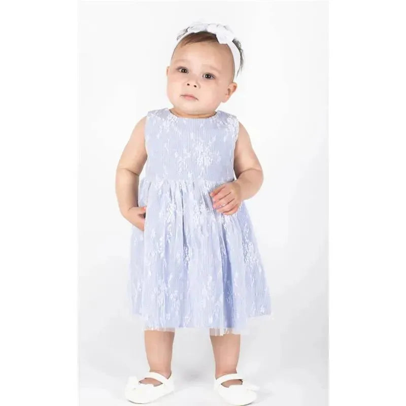 Popatu - Baby Girls Light Blue Floral Lace Overlay Dress