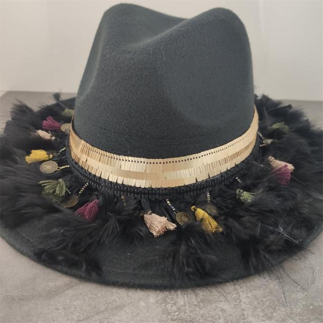 Boho Leather Tassel Feather Fedora Hat