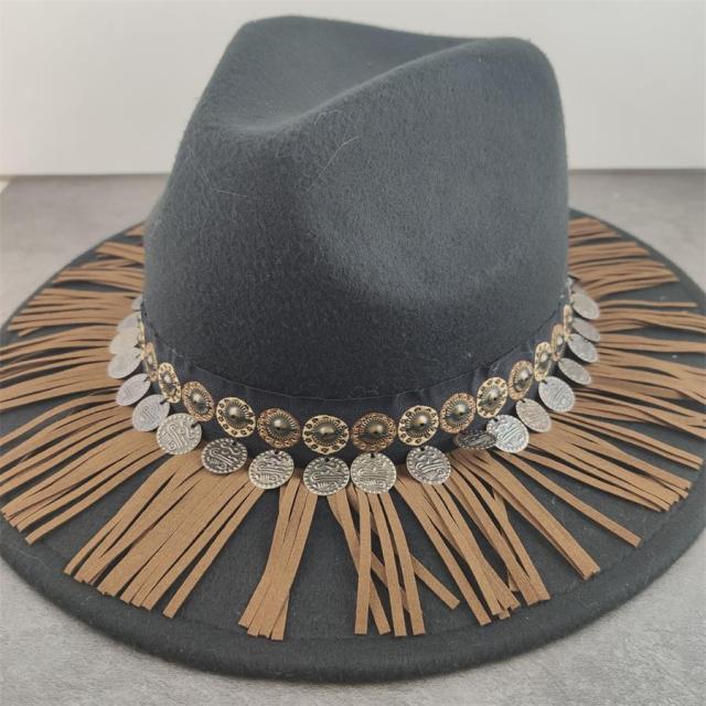 Boho Leather Tassel Feather Fedora Hat