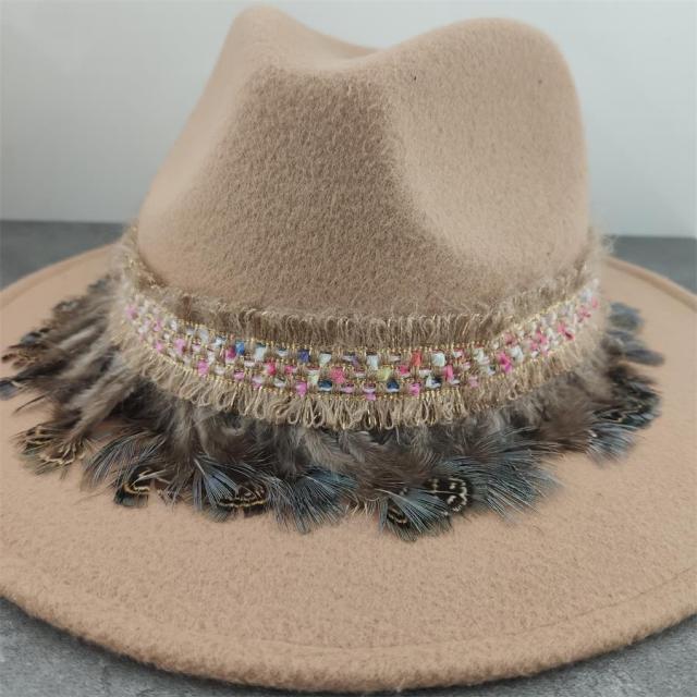 Boho Leather Tassel Feather Fedora Hat