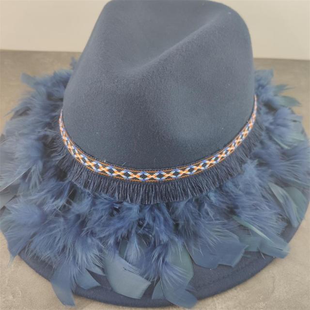 Boho Leather Tassel Feather Fedora Hat
