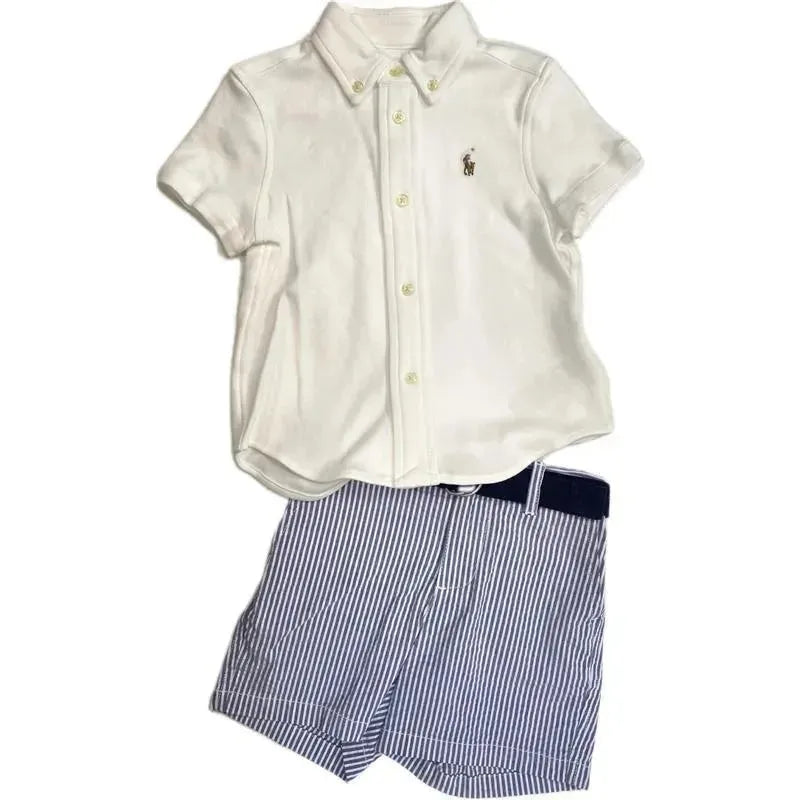 Ralph Lauren - Short Sleeve Interlock Knit SportShirt W/ Seersucker Short Set 12M, White