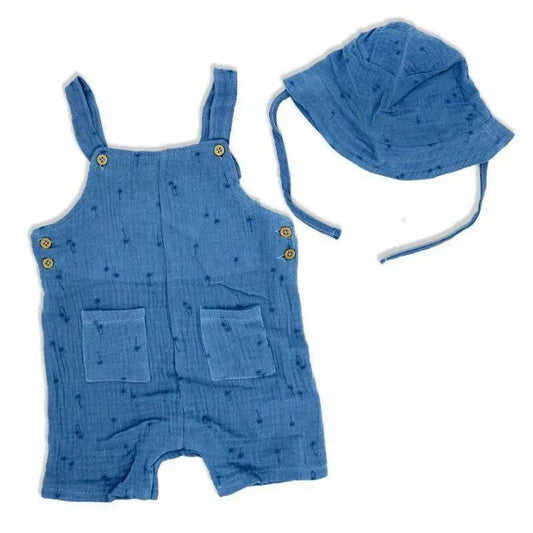 Rose Textiles - 2Pk Baby Boy Muslin Dungaree & Hat Set, Palm Tree
