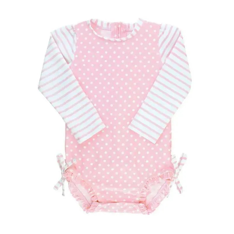 RuffleButts - Baby Girl Long Sleeve One Piece Rash Guard, Pink Polka