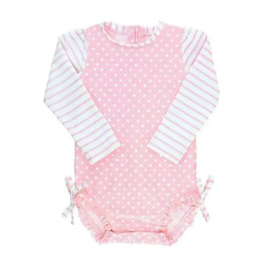 RuffleButts - Baby Girl Long Sleeve One Piece Rash Guard, Pink Polka