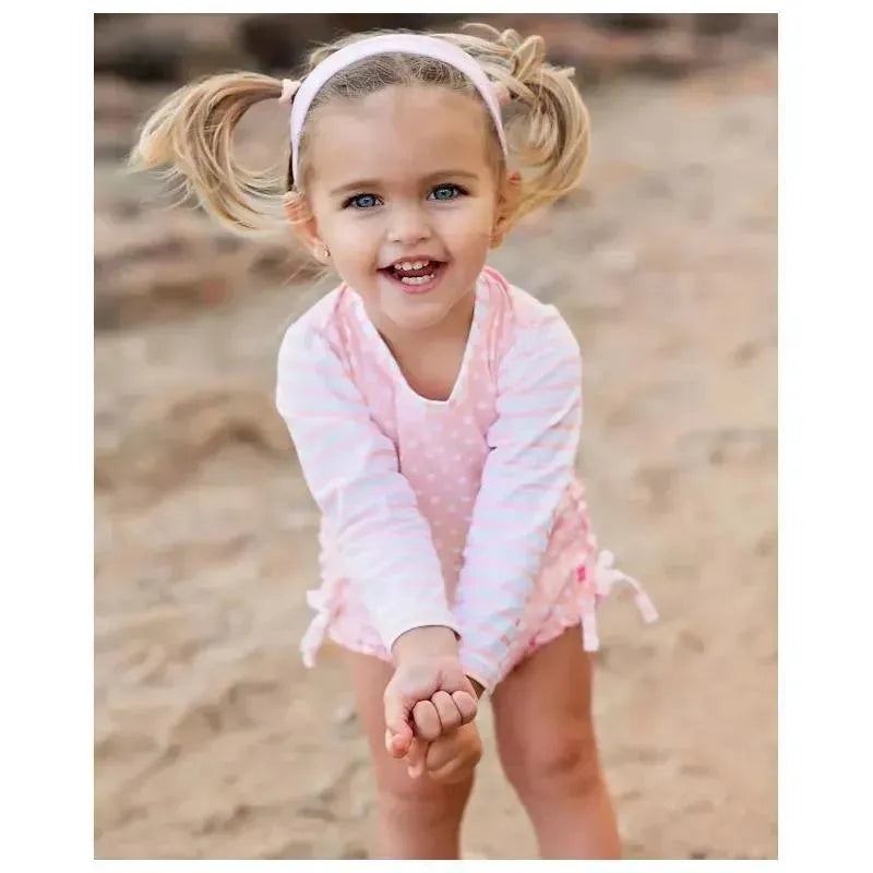 RuffleButts - Baby Girl Long Sleeve One Piece Rash Guard, Pink Polka