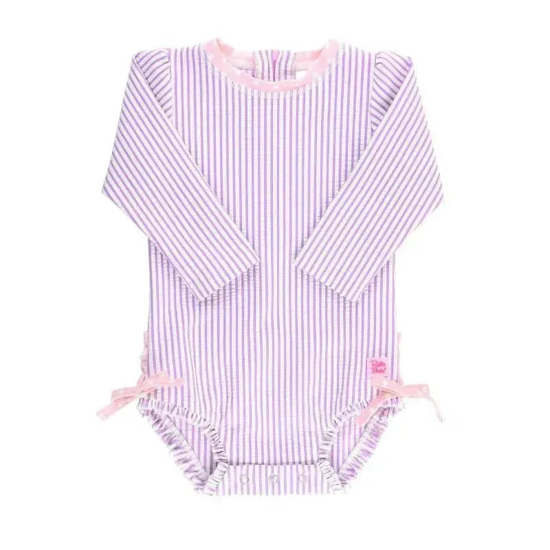 RuffleButts - Baby Girl Seersucker One Piece Rash Guard, Lilac