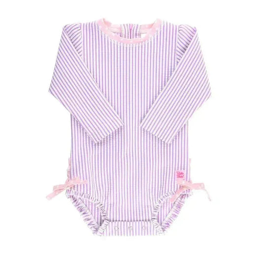 RuffleButts - Baby Girl Seersucker One Piece Rash Guard, Lilac