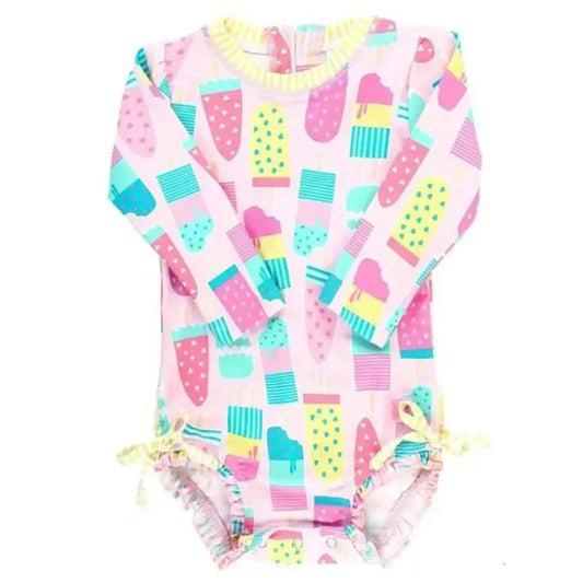 RuffleButts - Baby Girl Social One Piece Rash Guard, Ice Cream