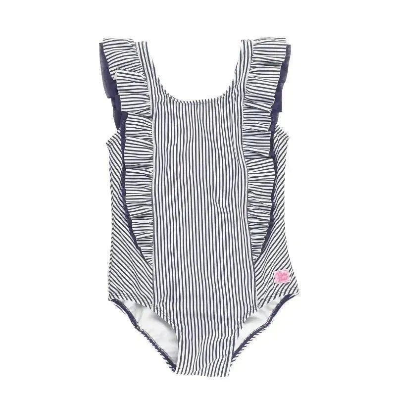 RuffleButts - Baby Girl Stripe Waterfall One Piece, Navy