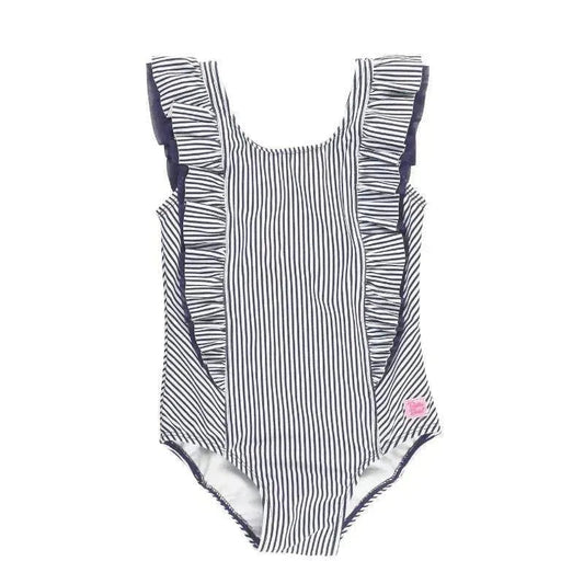 RuffleButts - Baby Girl Stripe Waterfall One Piece, Navy