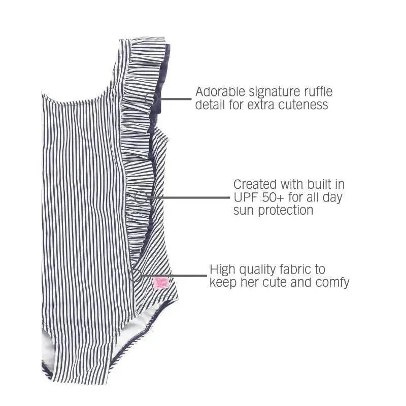 RuffleButts - Baby Girl Stripe Waterfall One Piece, Navy
