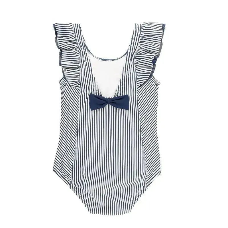 RuffleButts - Baby Girl Stripe Waterfall One Piece, Navy