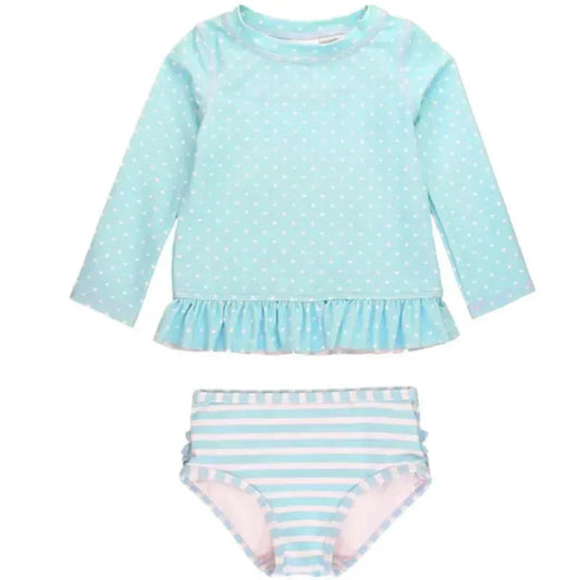 Rufflebutts - Baby Tropical Breeze Heart Polka Long Sleeve Rash Guard Bikini