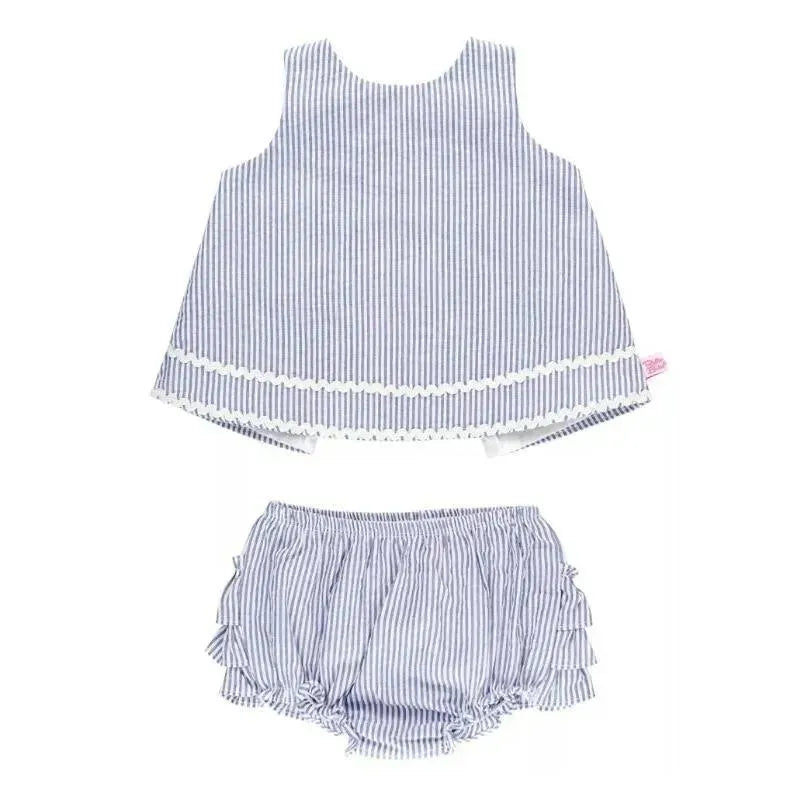RuffleButts - Girls Blue Seersucker Ric Rac Swing Top & Bloomer Set
