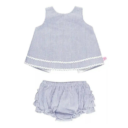 RuffleButts - Girls Blue Seersucker Ric Rac Swing Top & Bloomer Set