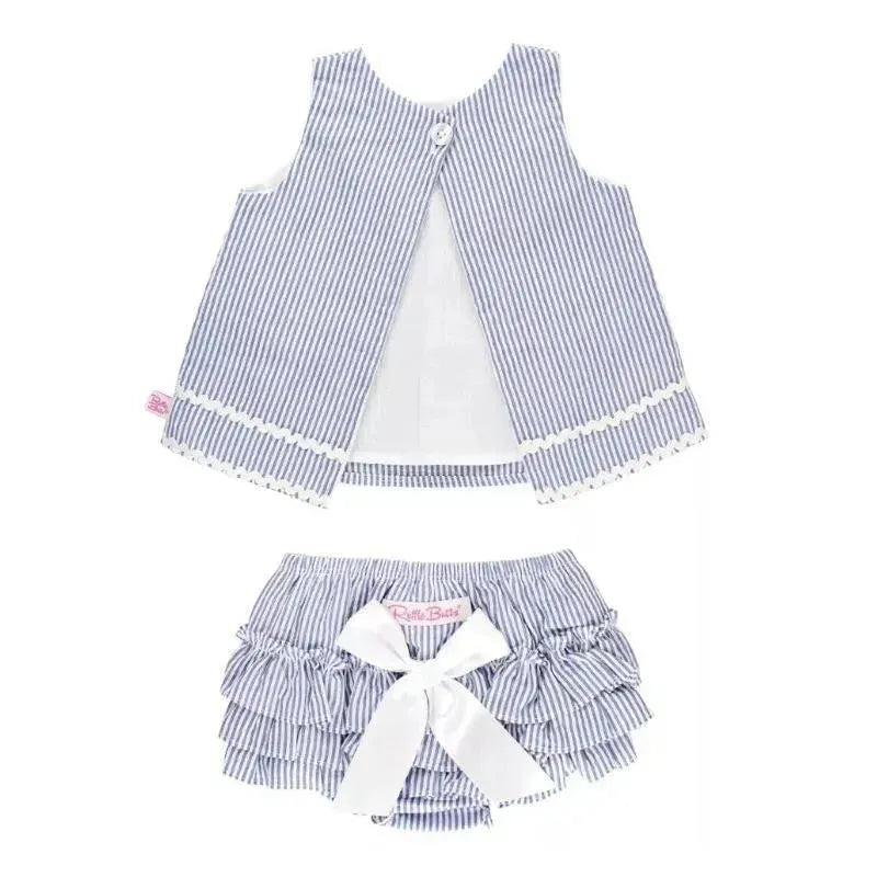 RuffleButts - Girls Blue Seersucker Ric Rac Swing Top & Bloomer Set