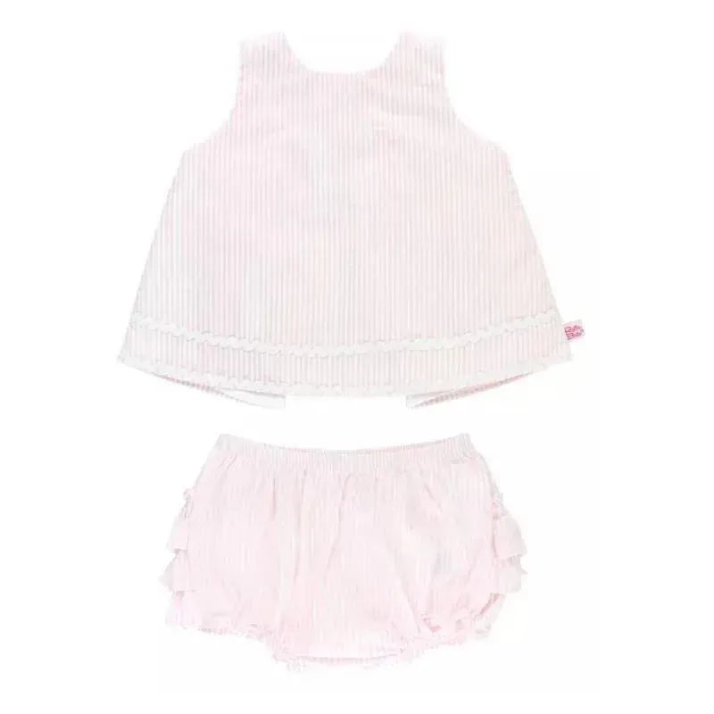 RuffleButts - Girls Pink Seersucker Ric Rac Swing Top & Bloomer Set