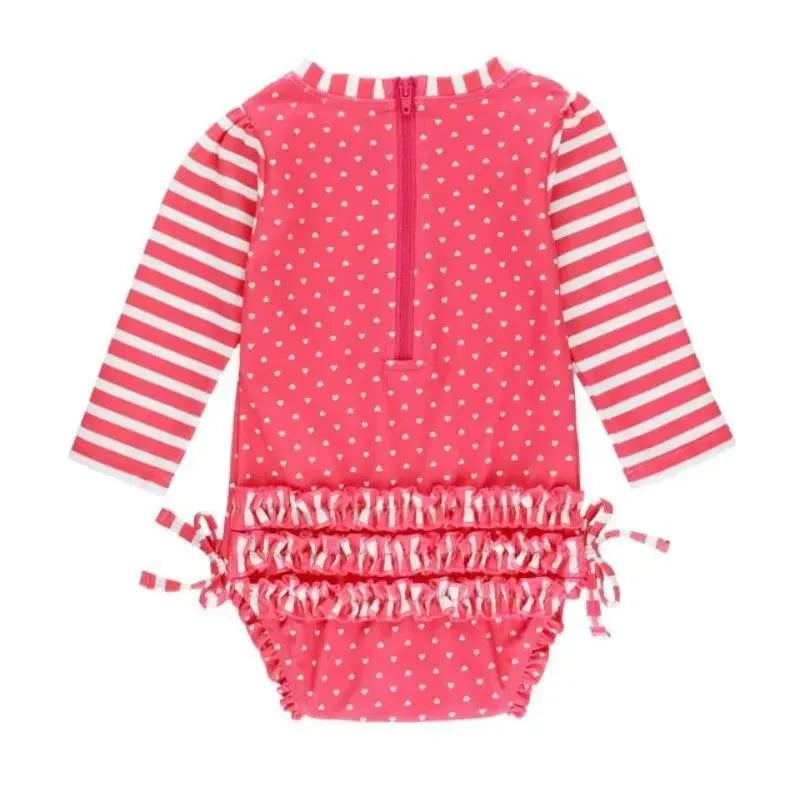 Rufflebutts - Hot Pink Heart Long Sleeve One Piece Rash Guard, Pink
