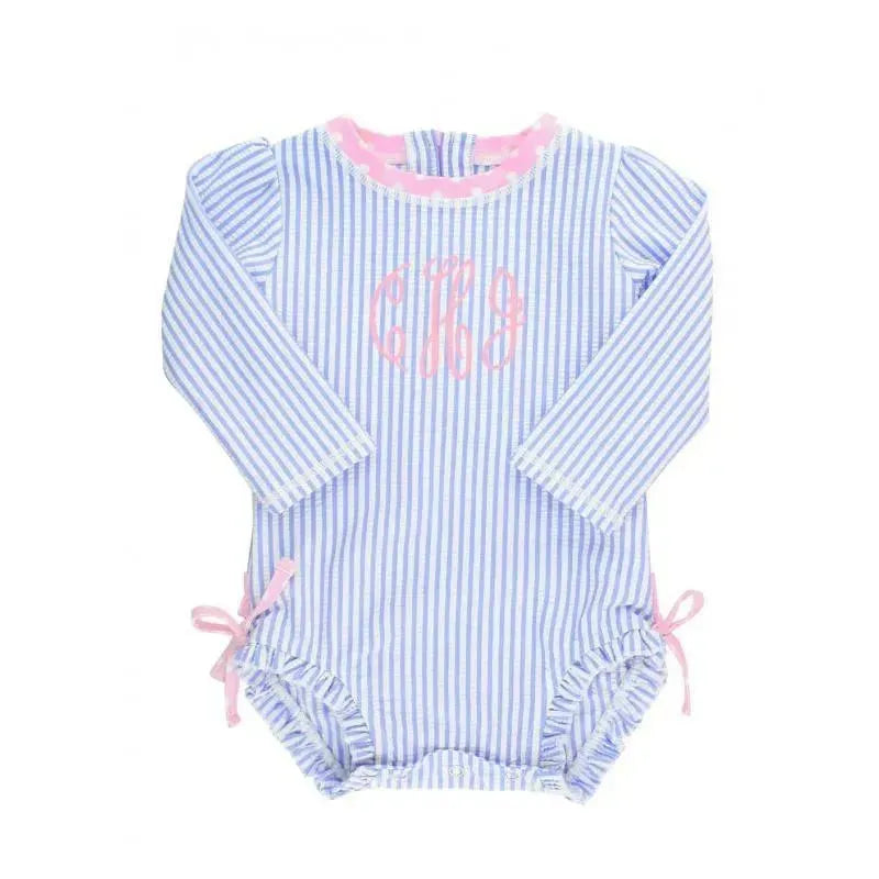Rufflebutts - Periwinkle Blue Seersucker One Piece Rash Guard