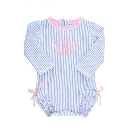 Rufflebutts - Periwinkle Blue Seersucker One Piece Rash Guard