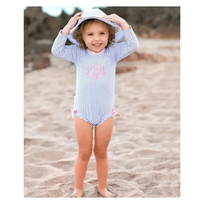 Rufflebutts - Periwinkle Blue Seersucker One Piece Rash Guard