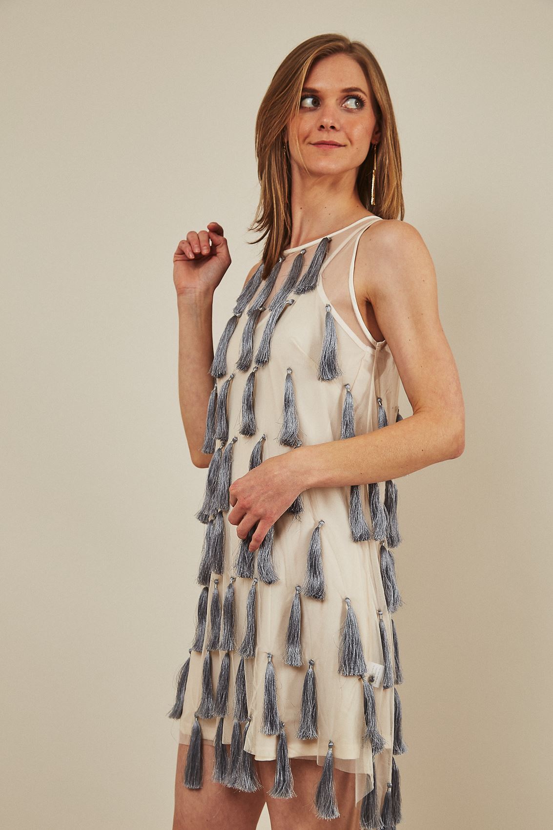 Flapper Chic Tassel Dress - Cream + Gray