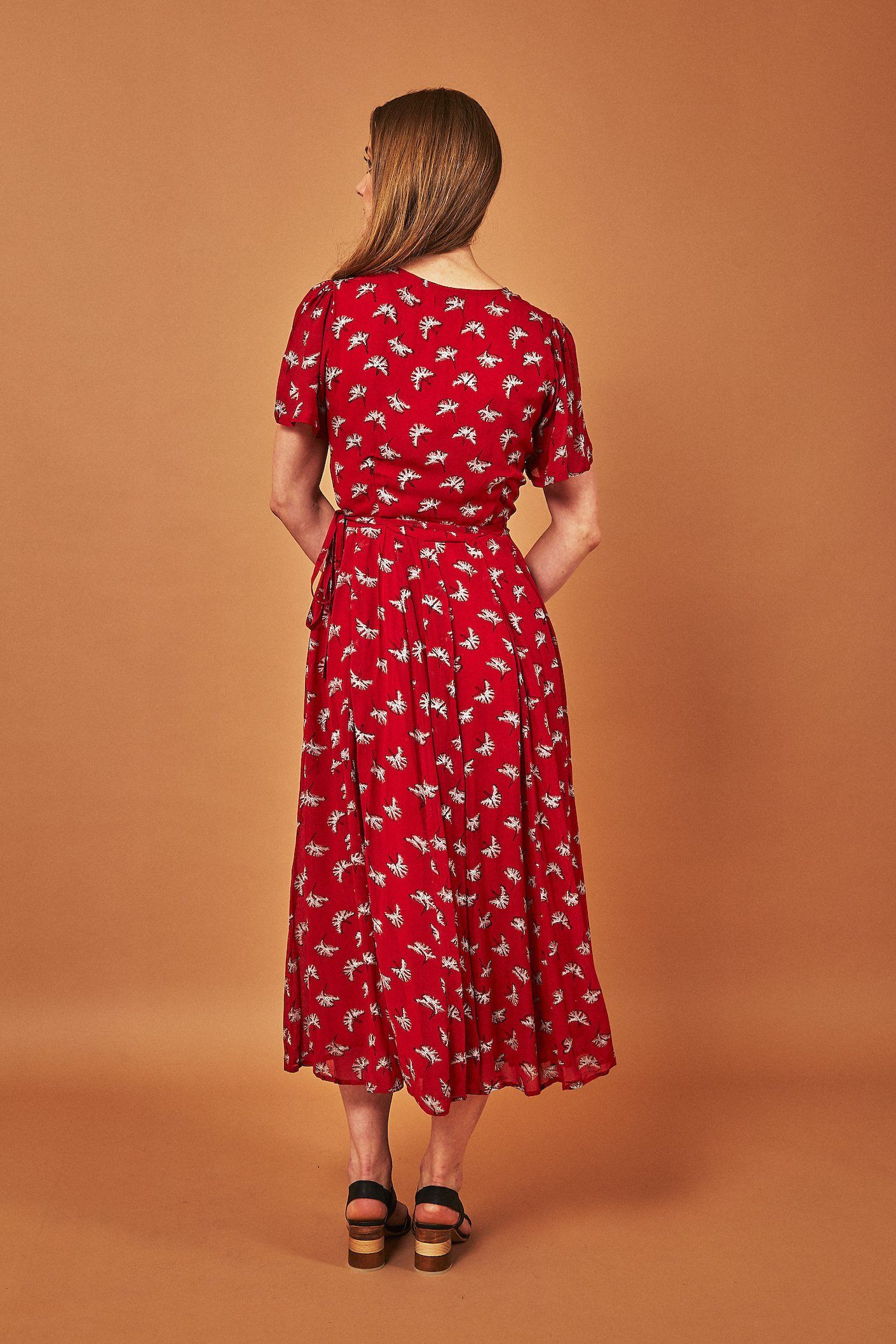 Ginkgo Leaf Midi Wrap Dress - Red + Silver