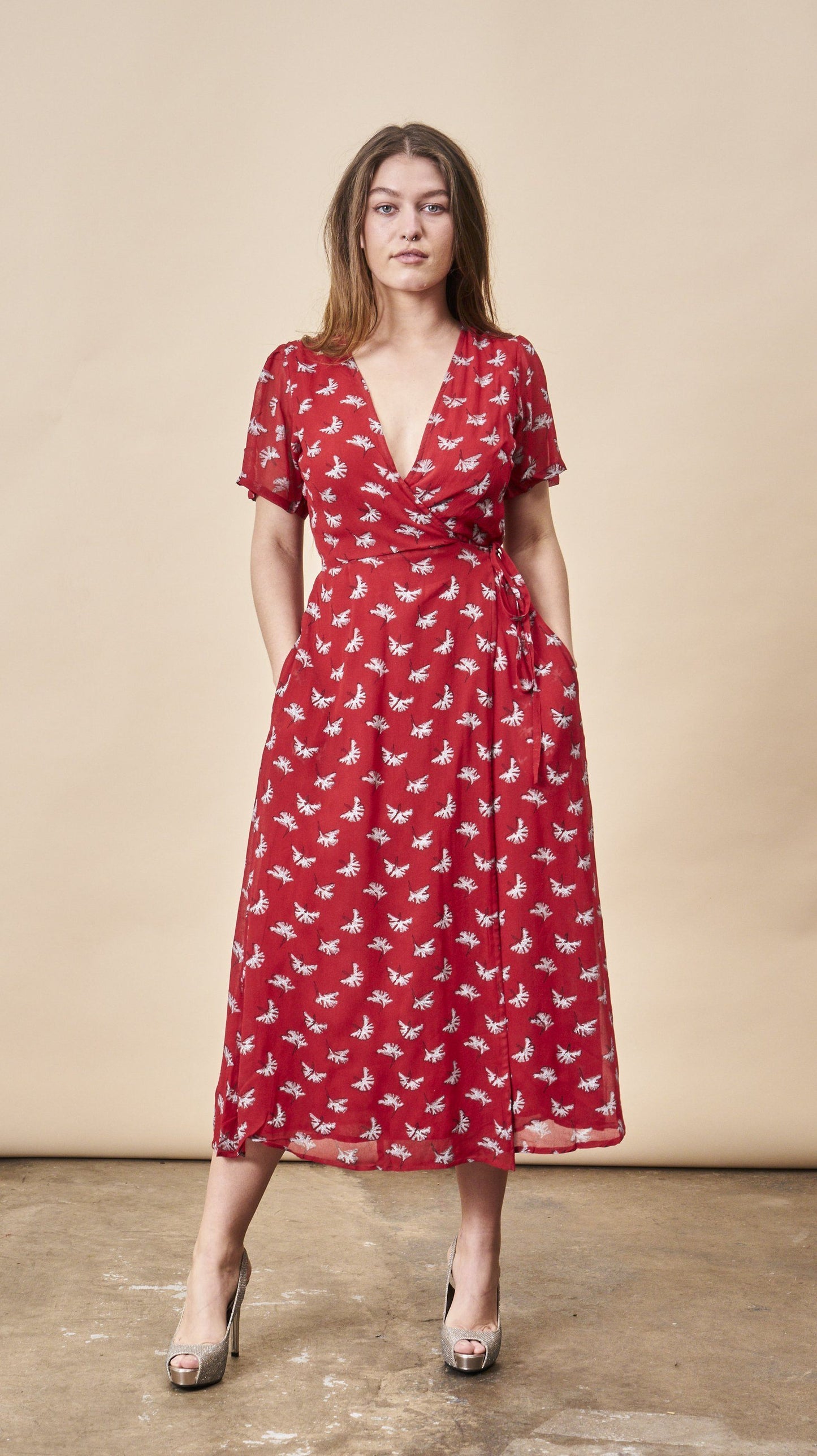 Ginkgo Leaf Midi Wrap Dress - Red + Silver