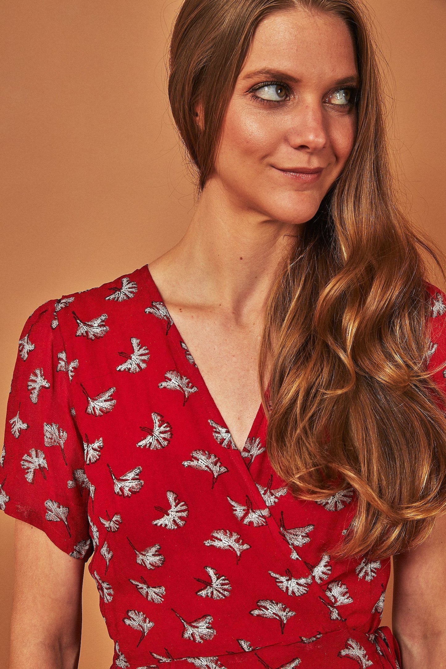 Ginkgo Leaf Midi Wrap Dress - Red + Silver