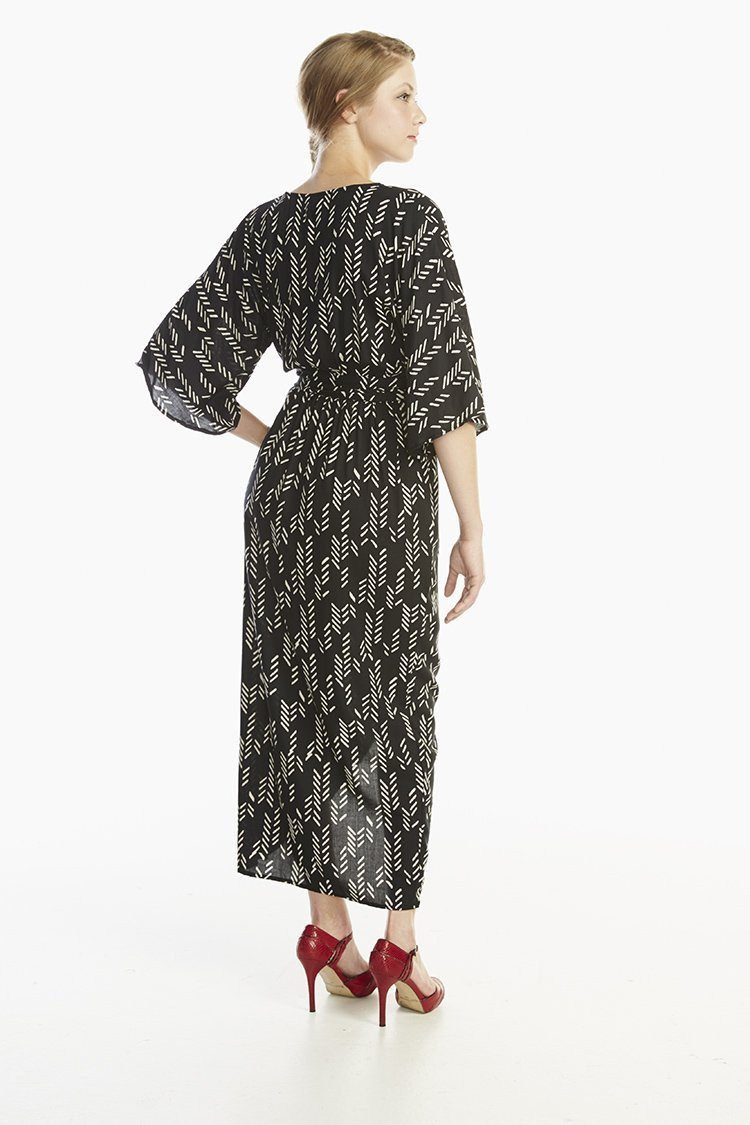 Stylized Feather Modal Wrap Dress - Black + Cream