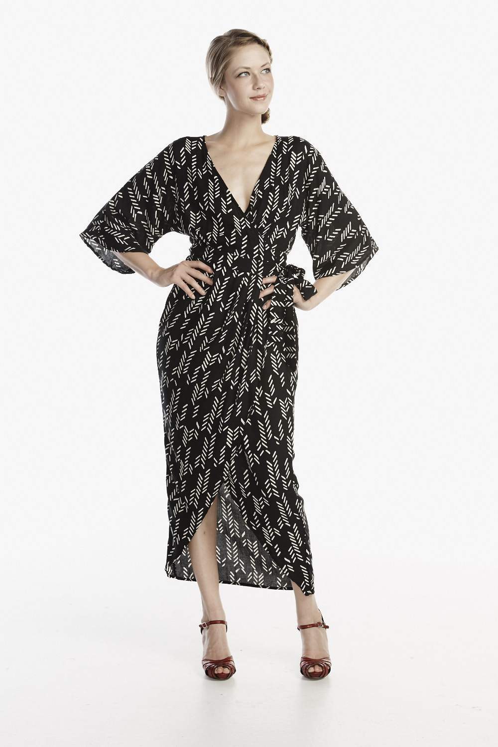 Stylized Feather Modal Wrap Dress - Black + Cream