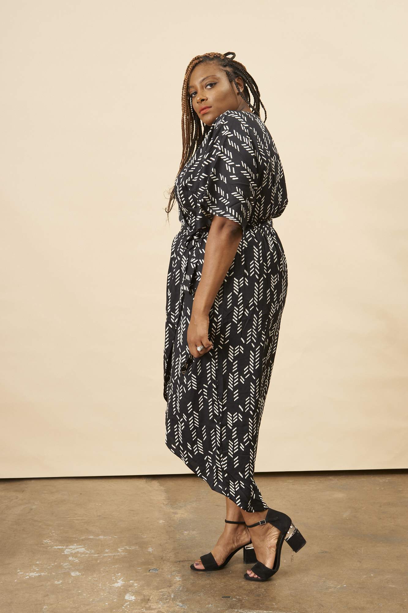 Stylized Feather Modal Wrap Dress - Black + Cream