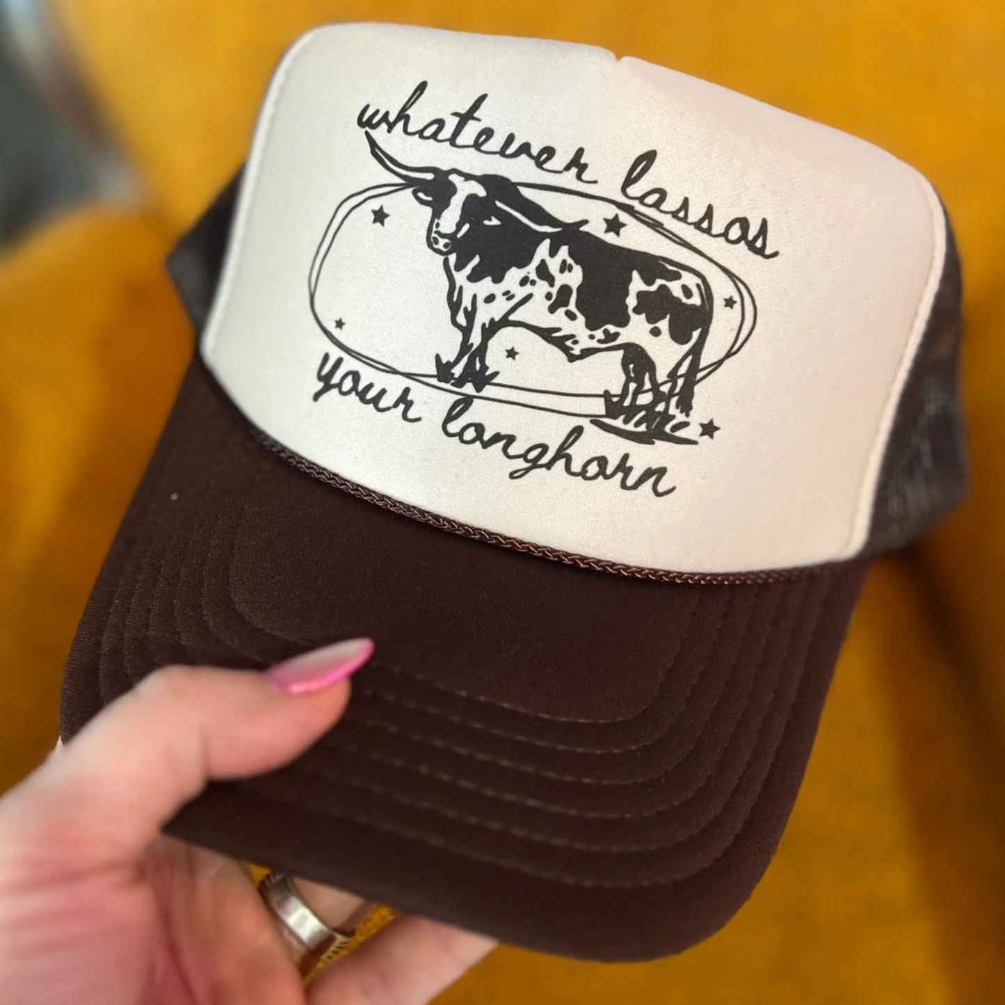Online Exclusive | Whatever Lassos Your Longhorn Foam Trucker Cap in Brown and Cream