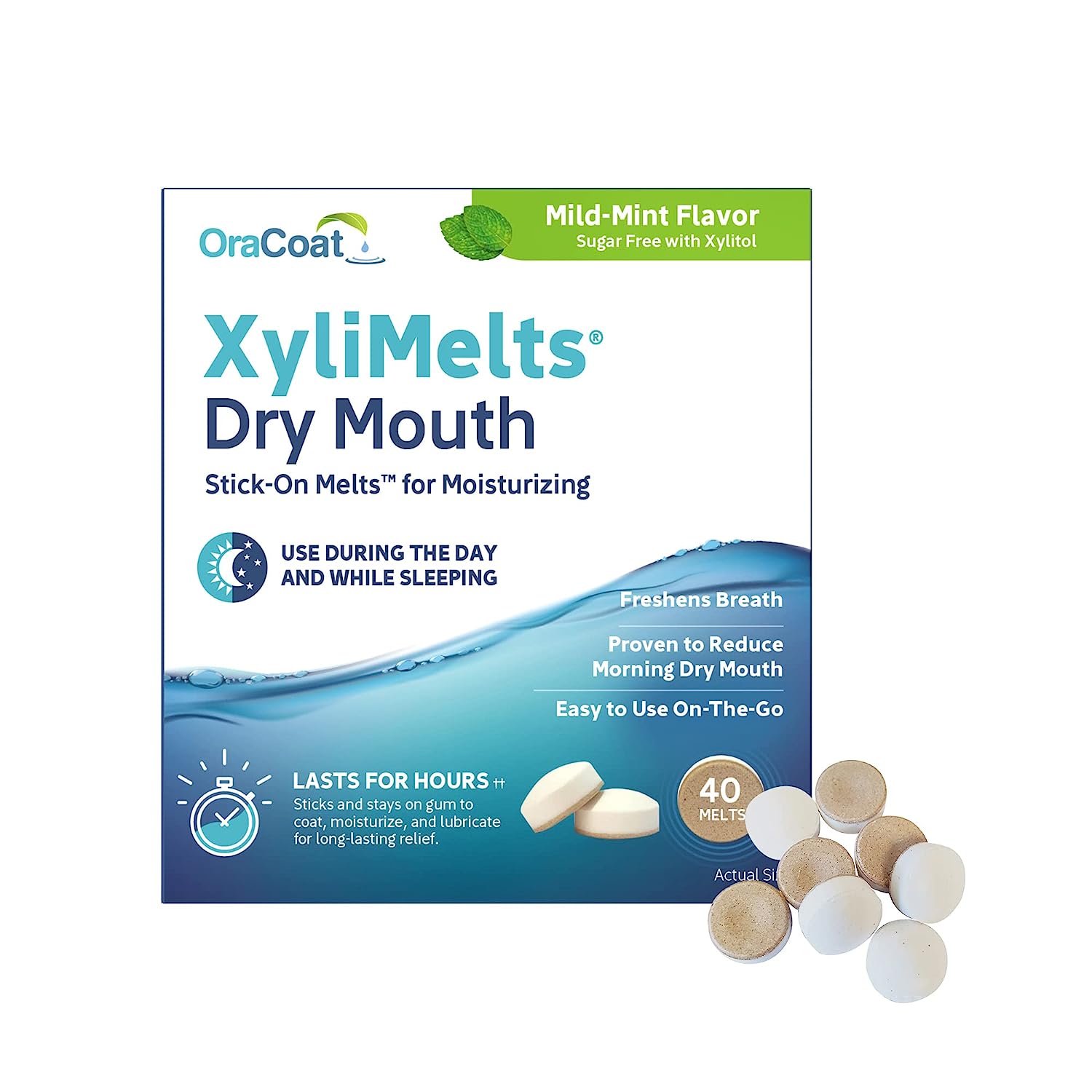 OraCoat XyliMelts Dry Mouth Relief Moisturizing Oral Adhering Discs Mild Mint with Xylitol, for Dry Mouth, Stimulates Saliva, Non-Acidic, Day and Night Use, Time Release for up to 8 Hours, 40 Count 23983297